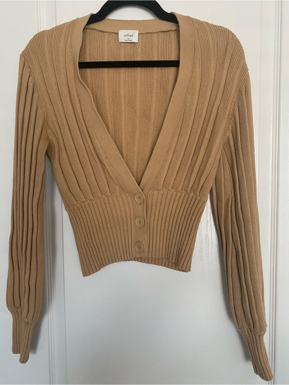 Aritzia Wilfred Ribbed Plunged Neck Cardigan in Camel Tan